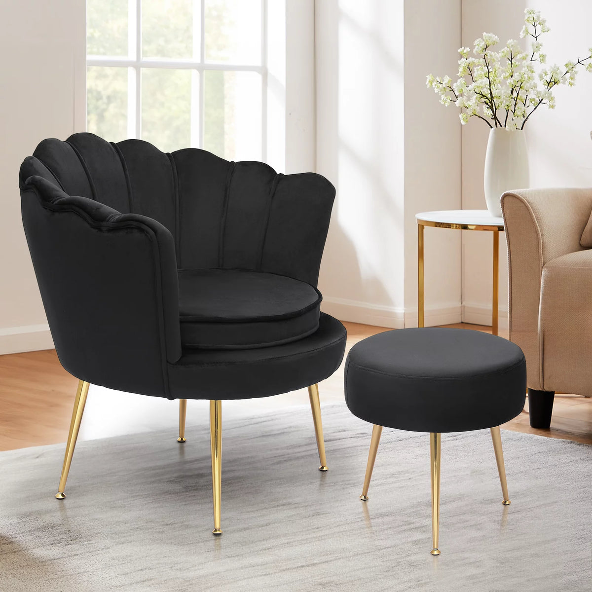 Black Velvet Tufted Accent Chair with Ottoman and Cushion I583405