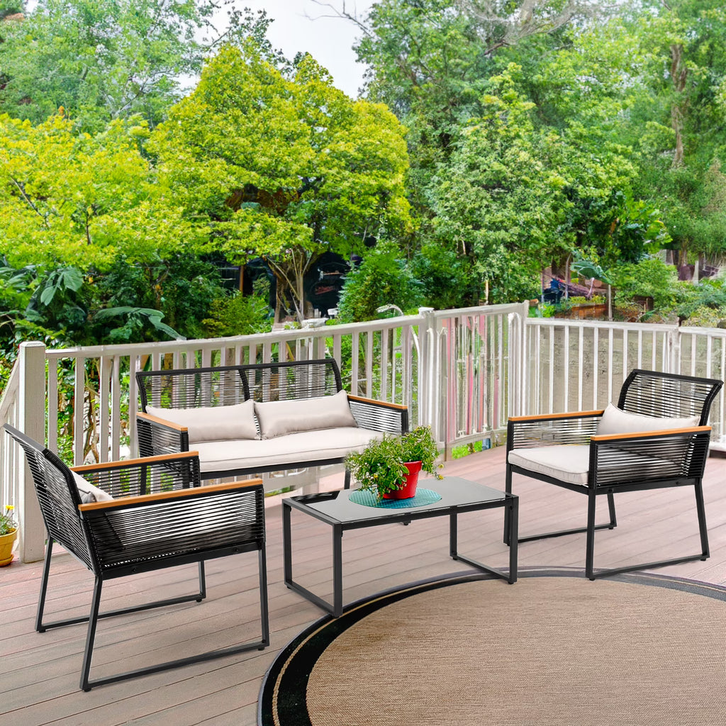 4-Piece Rattan Patio Bistro Set with Gray Cushions and Metal Coffee Table G73157