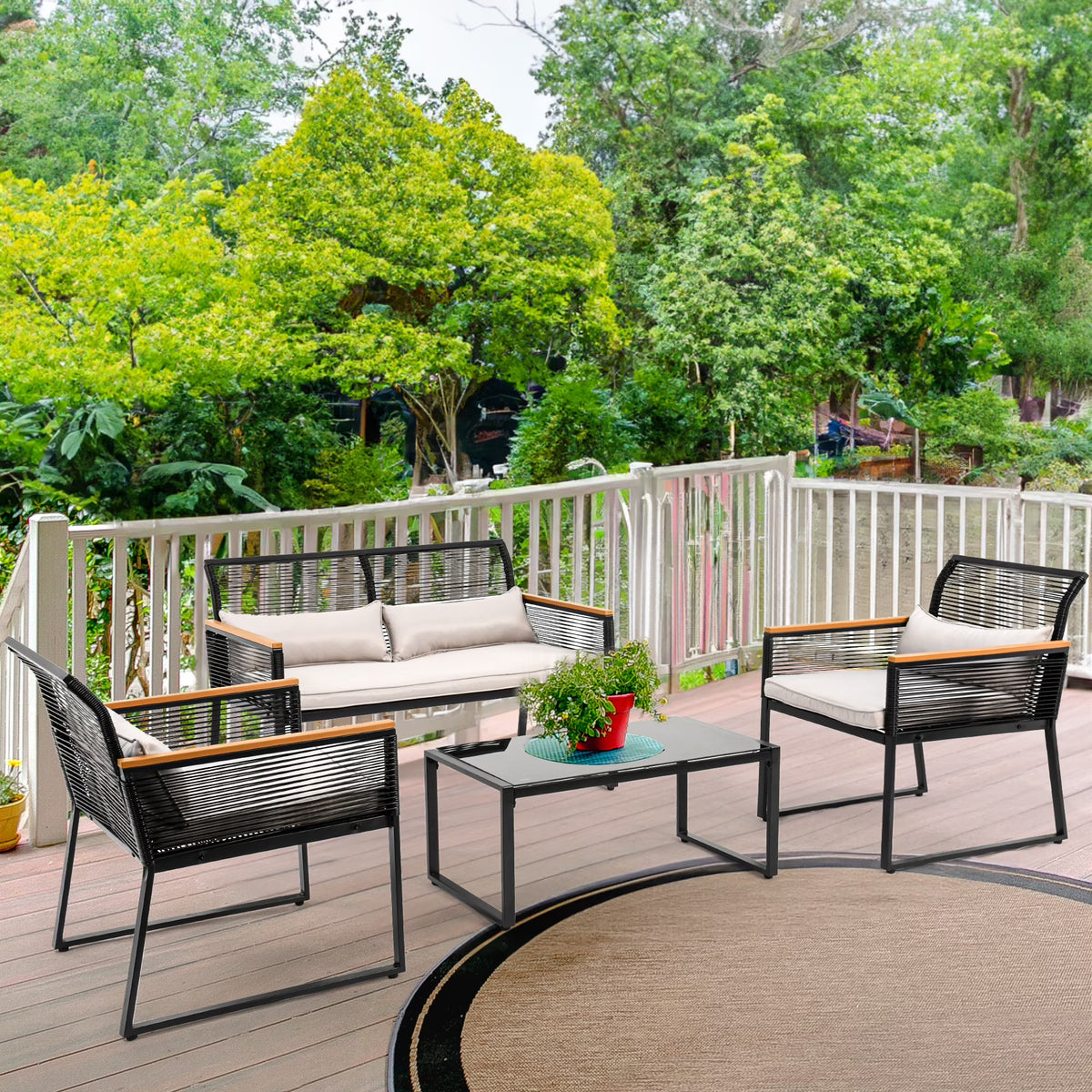 4-Piece Rattan Patio Bistro Set with Gray Cushions and Metal Coffee Table G73157