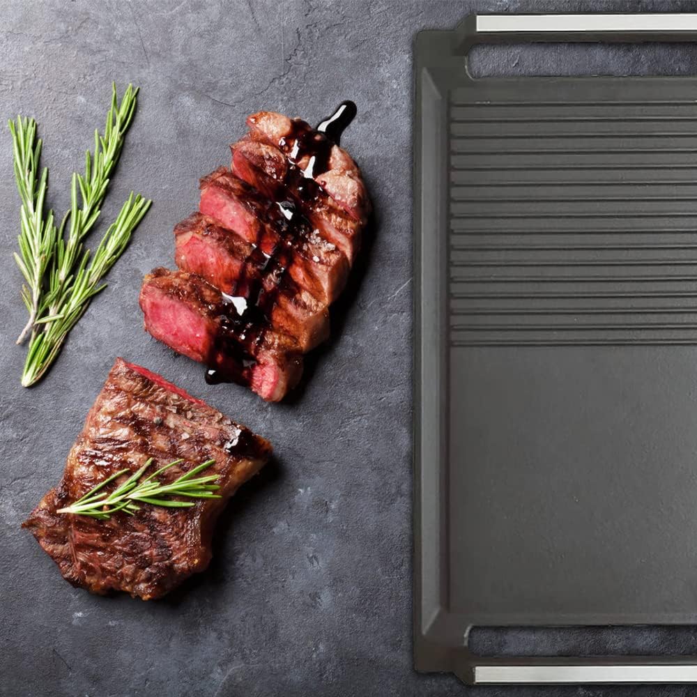 Cast Iron Rectangular Griddle Pan with 2 Handles, Flat and Ridged Surface, 16.7 x 9.1inch F243986