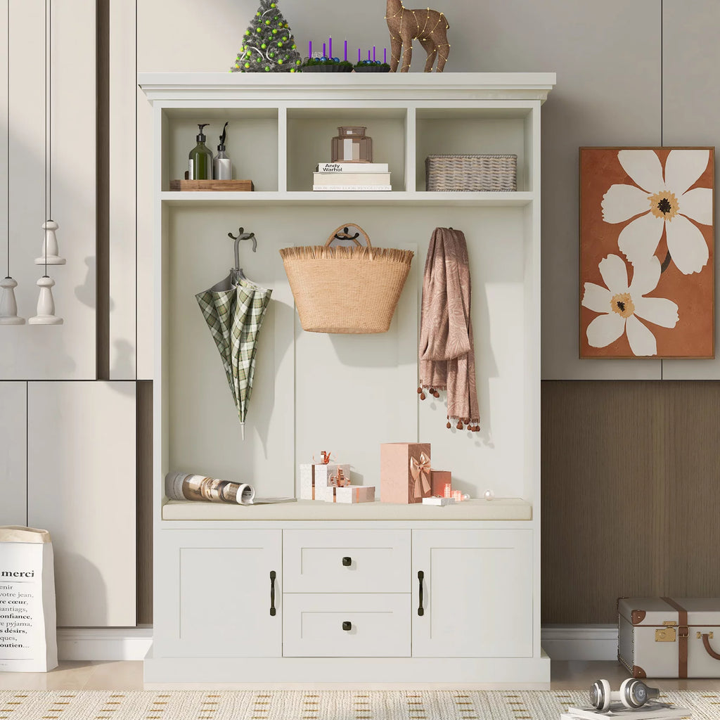 Beige Hall Tree with Upholstered Bench and Coat Rack N805561
