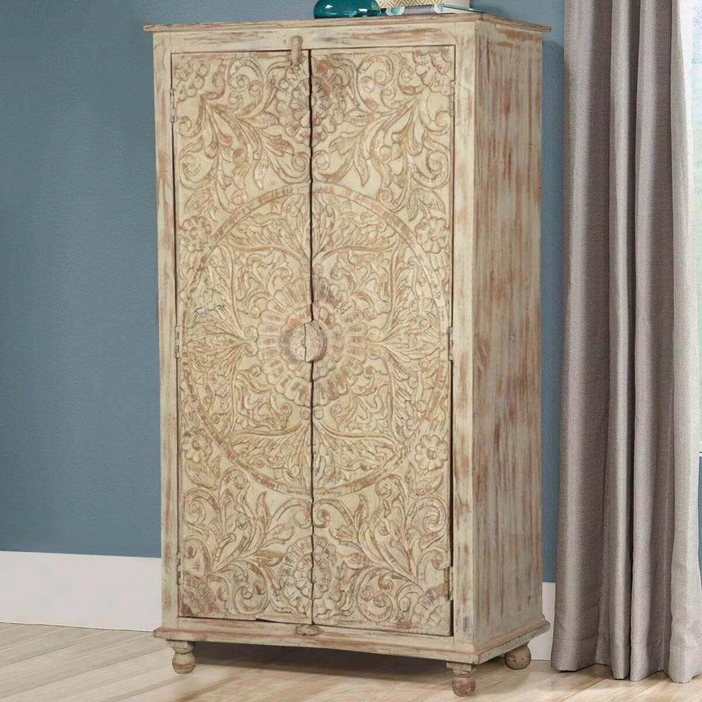 Solid Wood Distressed White Armoire with Shelves S631472