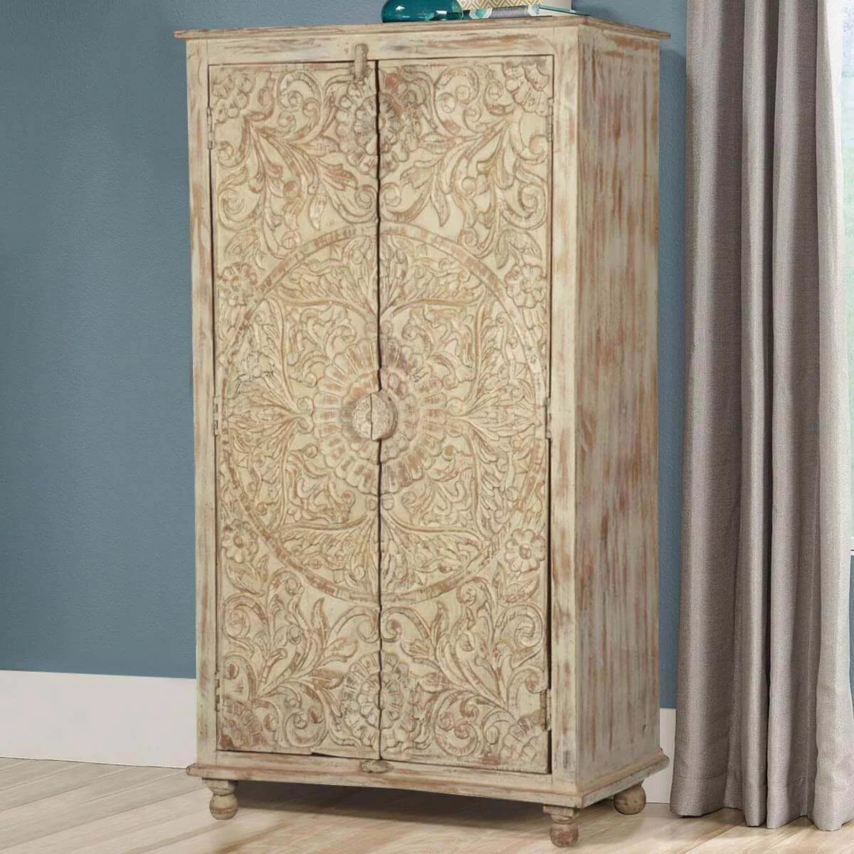 Solid Wood Distressed White Armoire with Shelves S631472