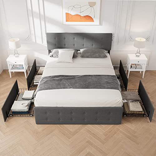 Grey Queen Size Upholstered Platform Bed Frame with 4 Storage Drawers S576616