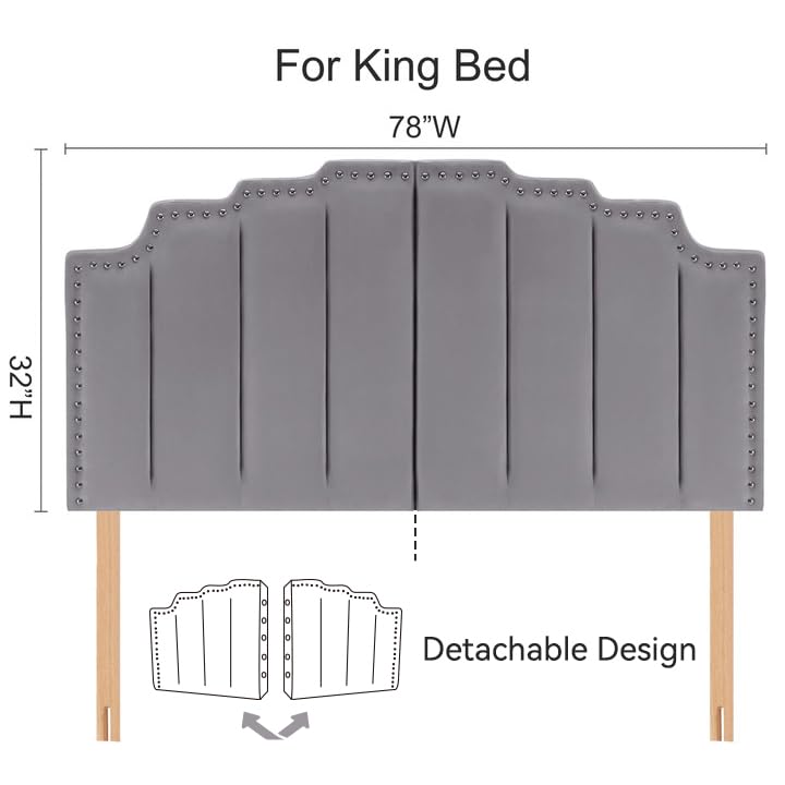 Grey Velvet Upholstered Tufted Headboard for King Size Bed F562