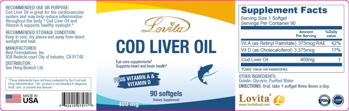 Cod Liver Oil 400 mg Omega 3 with Vitamin A & Vitamin D3 90 Softgels (Pack of 3) T356759
