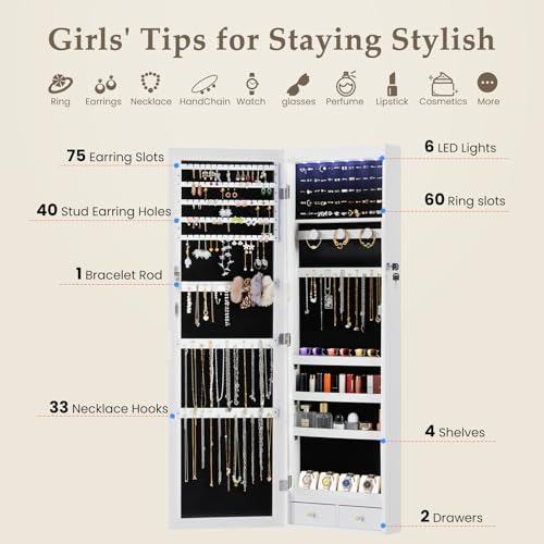 White 47.2-Inch Lockable Mirror Jewelry Cabinet J3575