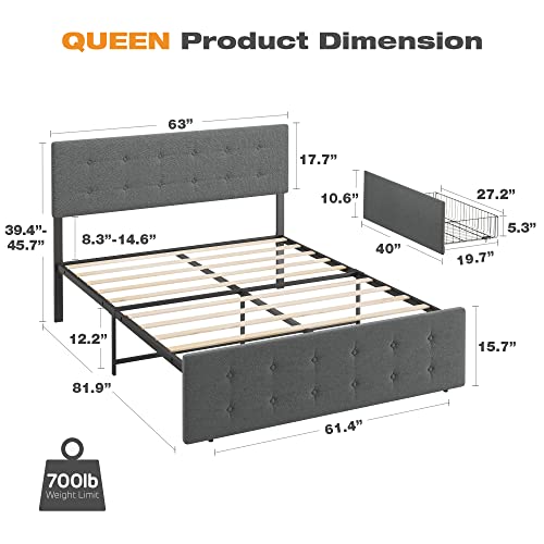 Grey Queen Size Upholstered Platform Bed Frame with 4 Storage Drawers S576616