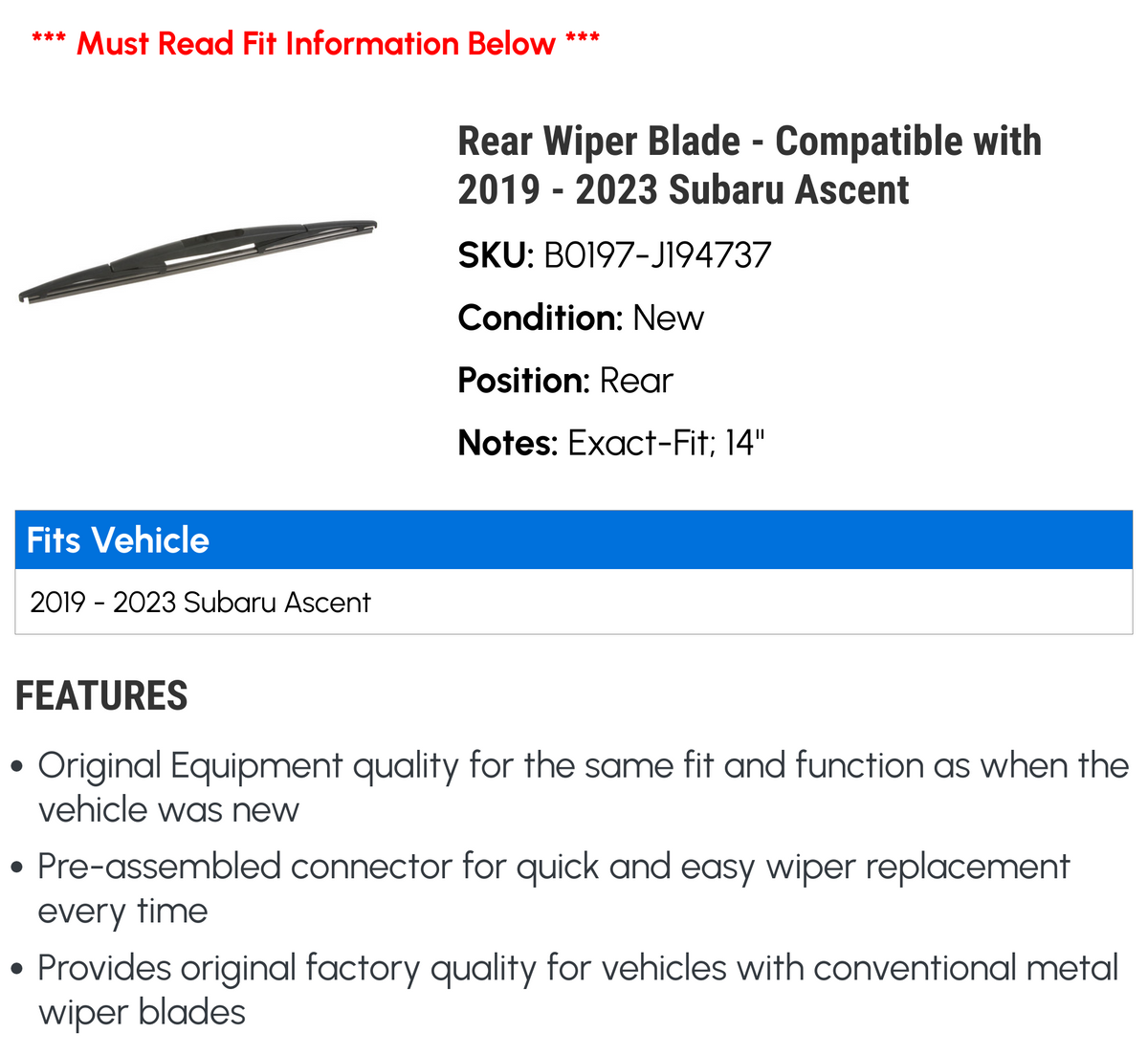 Rear Wiper Blade for Subaru Ascent L367