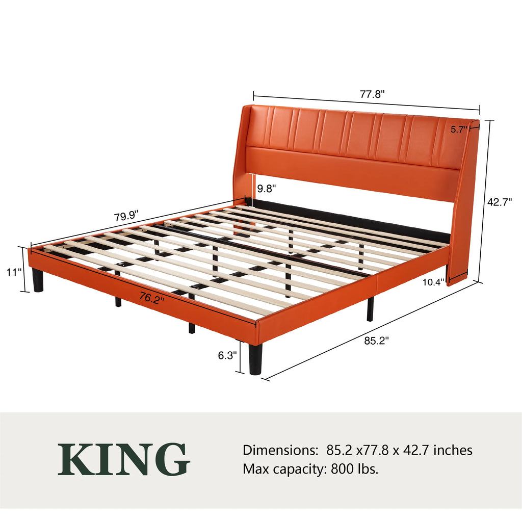 King Size Faux Leather Platform Bed Frame with Wingback Headboard J1260