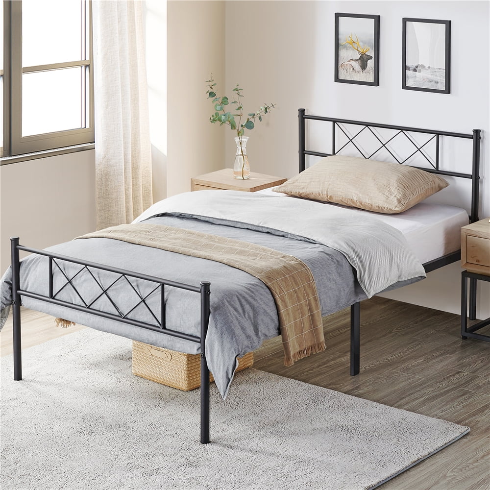 Black Twin Metal Slatted Bed Frame with Headboard Footboard U642626