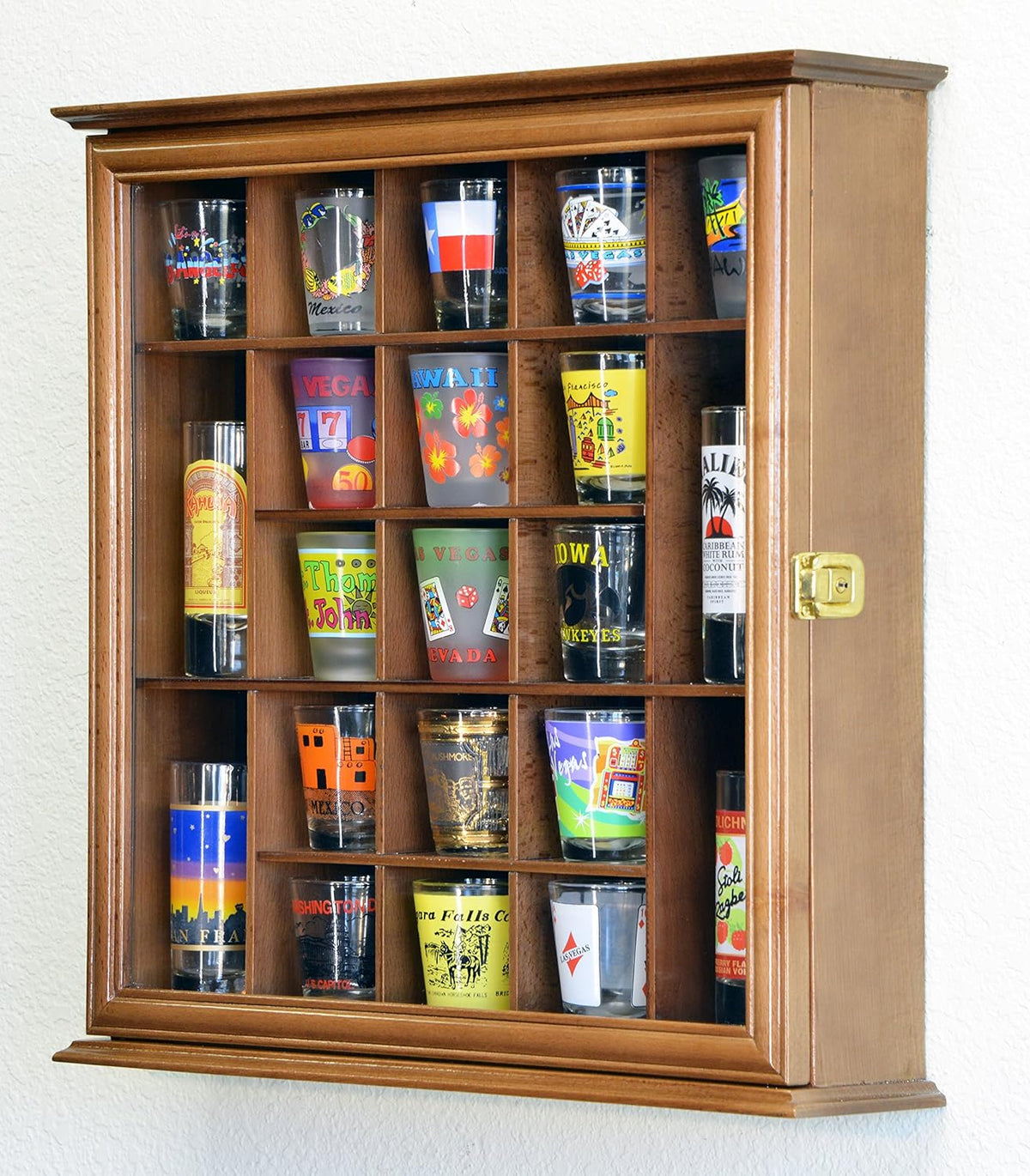 Walnut Lockable Wall Rack Display Case for 21 Shot Glasses U4677