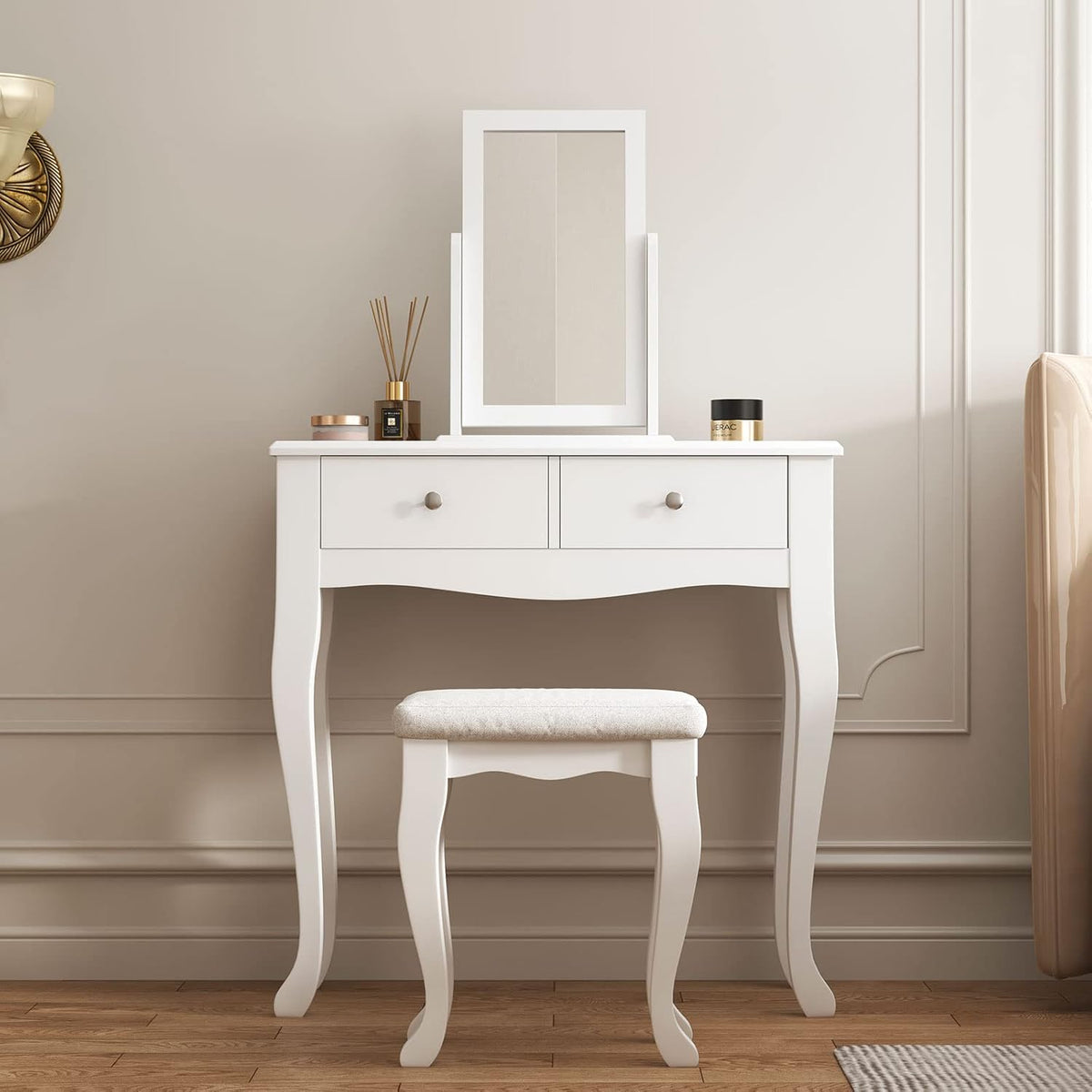 White Wooden Vanity Dressing Table with Mirror and Stool, 2 Drawers Y7946