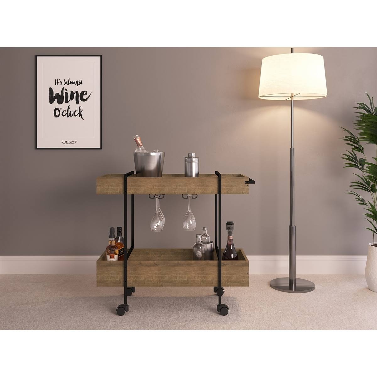 Walnut Melamine Bar Cart with Black Painted Metal Frame G908