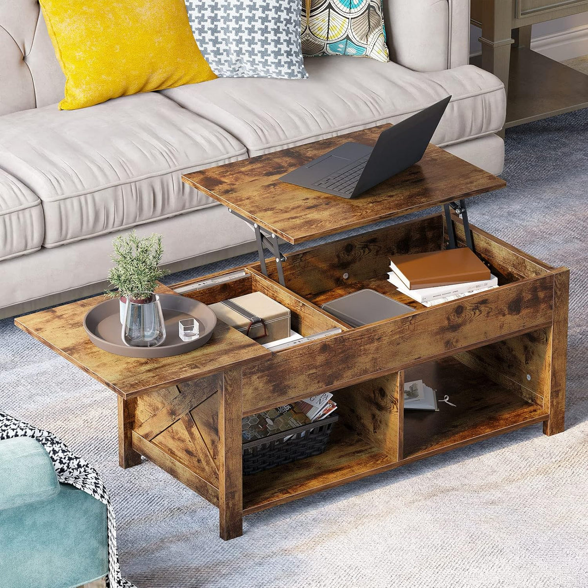 Lift Top Coffee Table with Storage, Solid Wood, Brown E437