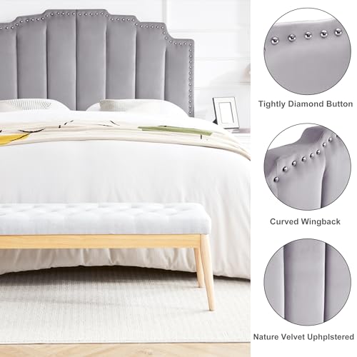 Grey Velvet Upholstered Tufted Headboard for King Size Bed F562