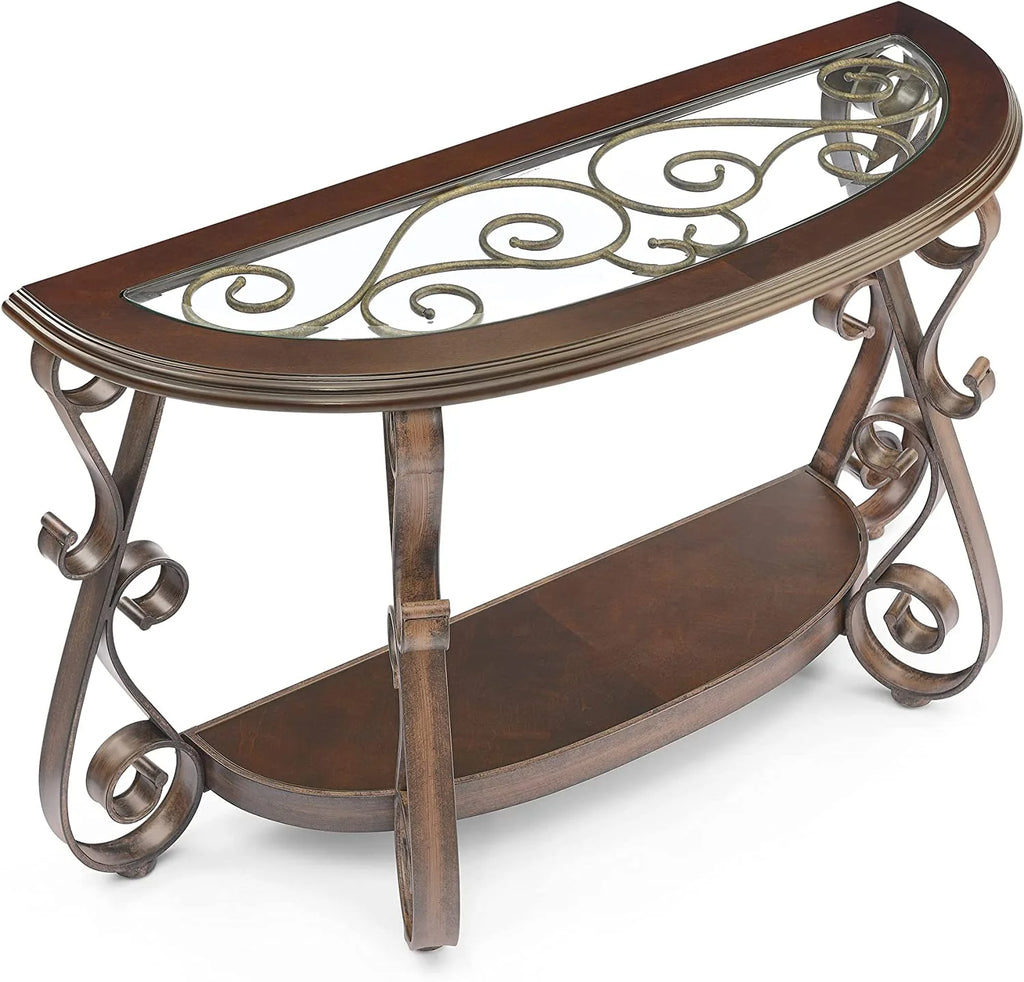 Half Sofa Table with Beveled Glass Top and Scrollwork Metal Legs E139