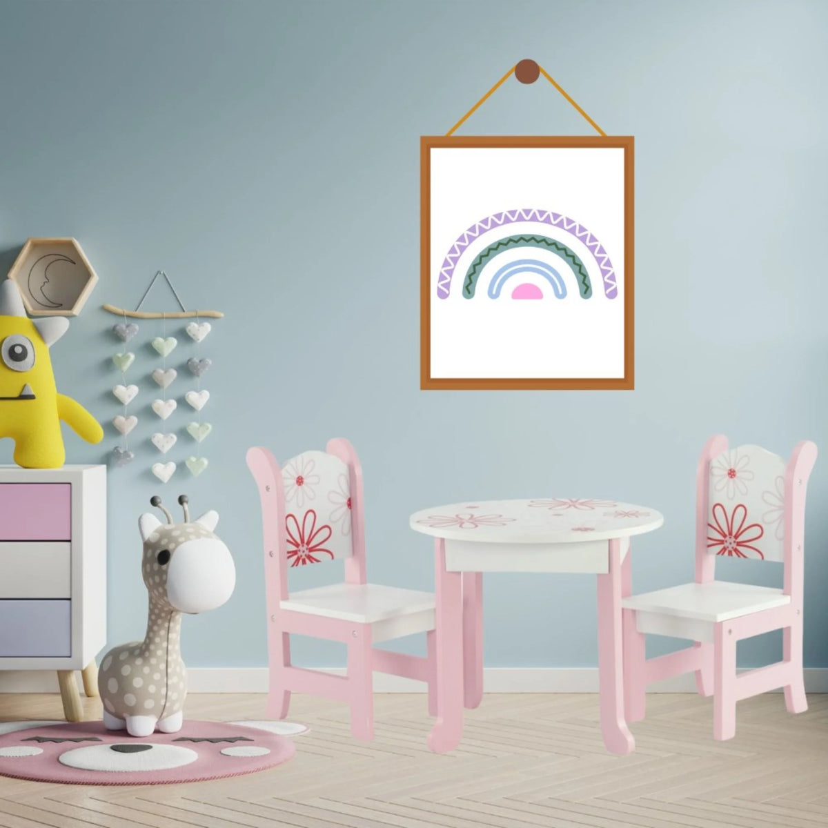 Pink Floral Kitchen Table and 2 Chair Dining Doll Furniture Set W447