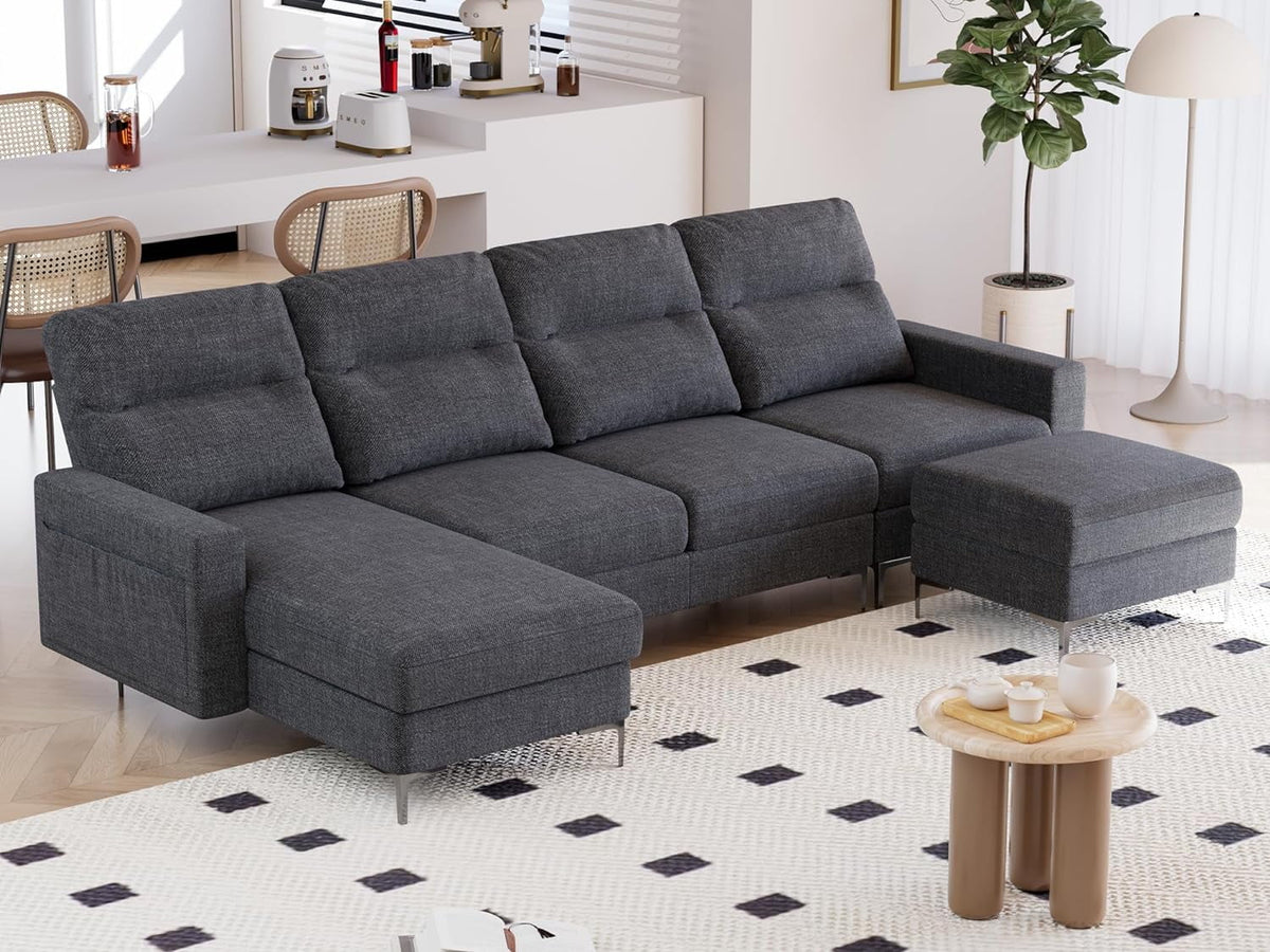 Modular U Shaped Fabric Sectional Sofa with Ottoman, 4 Seater, Metal Legs, Dark Grey E840