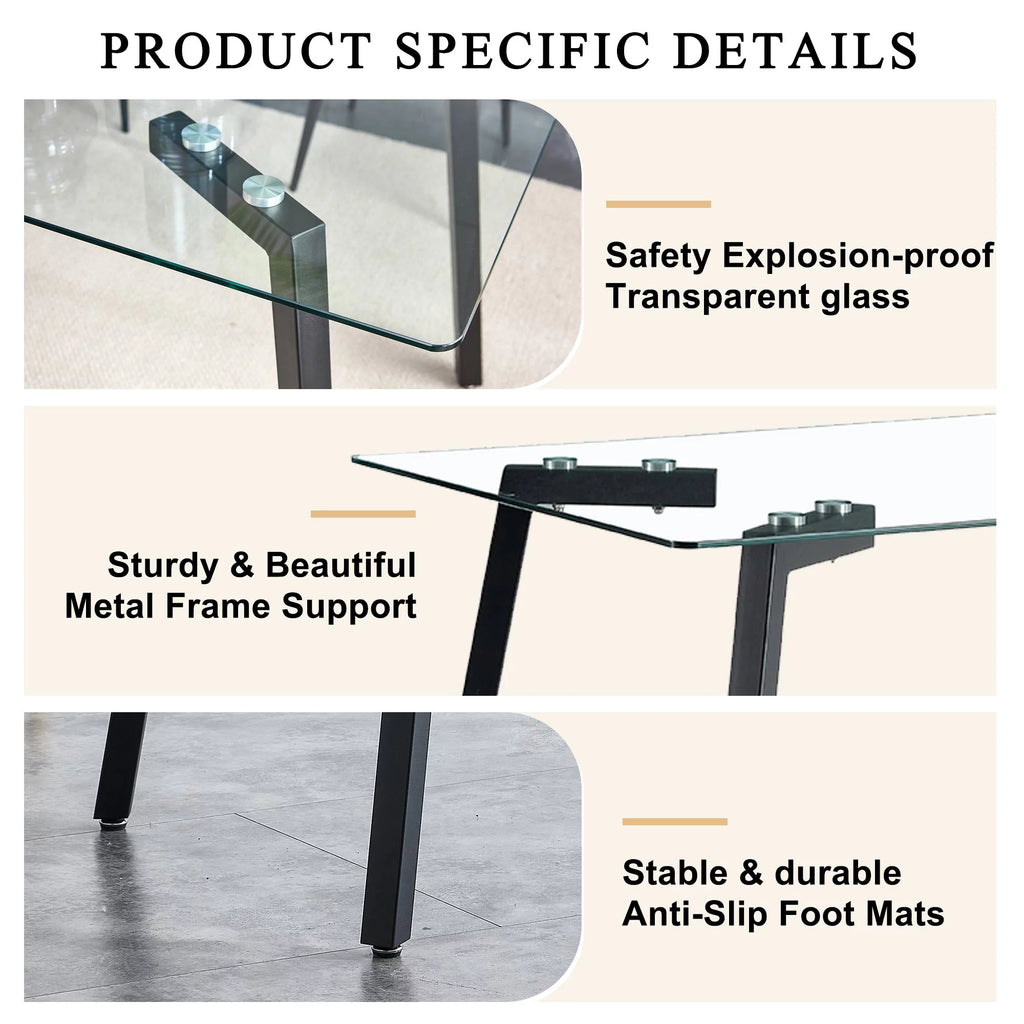 Rectangular Glass Dining Table for 4-6 with Tempered Glass Tabletop and Black Metal Legs S20750