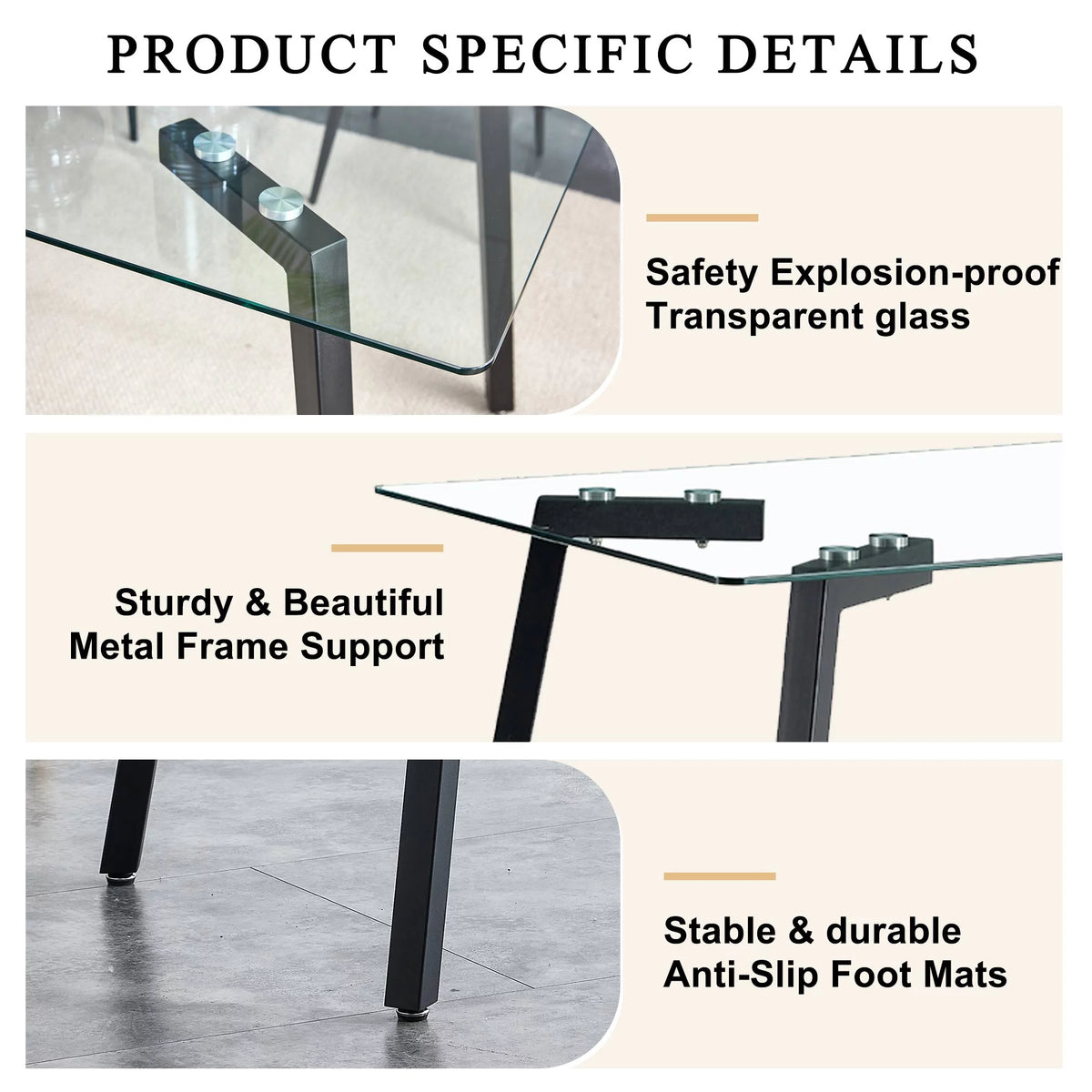 Rectangular Glass Dining Table for 4-6 with Tempered Glass Tabletop and Black Metal Legs S20750