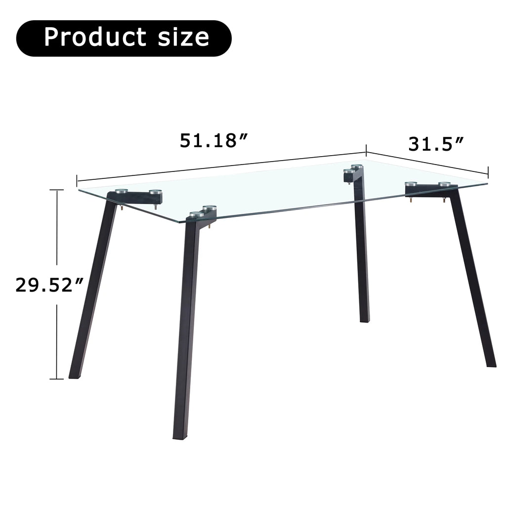 Rectangular Glass Dining Table for 4-6 with Tempered Glass Tabletop and Black Metal Legs S20750