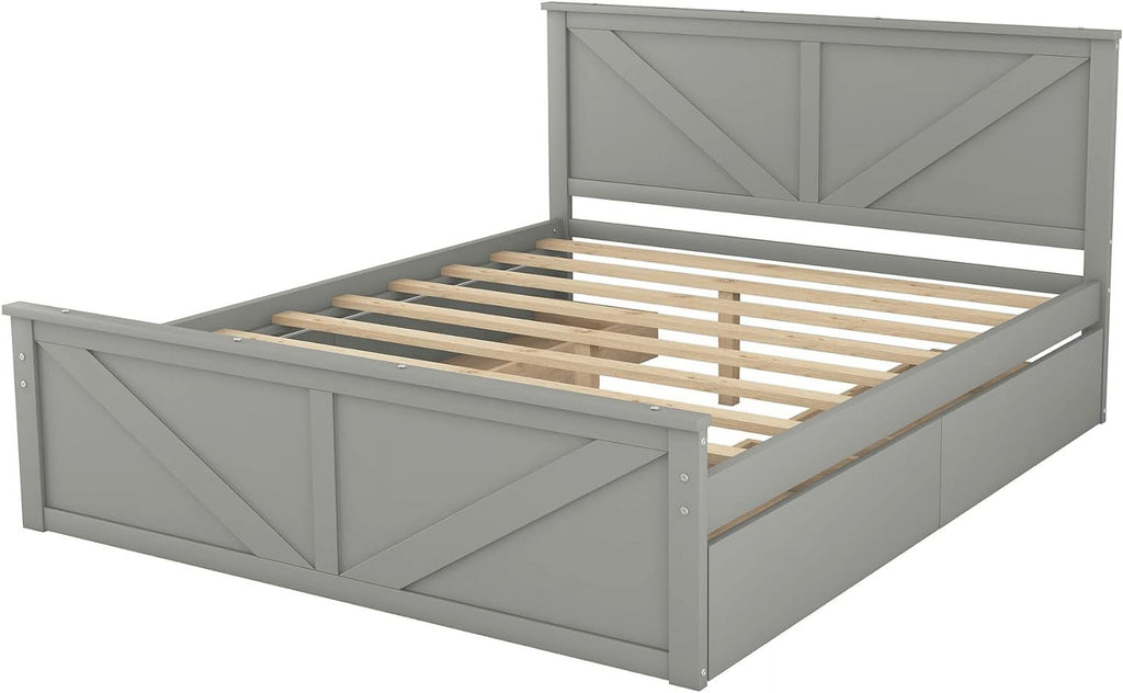 Gray Queen Wood Platform Bed with 4 Storage Drawers M922873