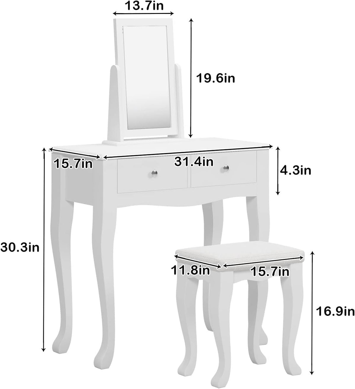 White Wooden Vanity Dressing Table with Mirror and Stool, 2 Drawers Y7946