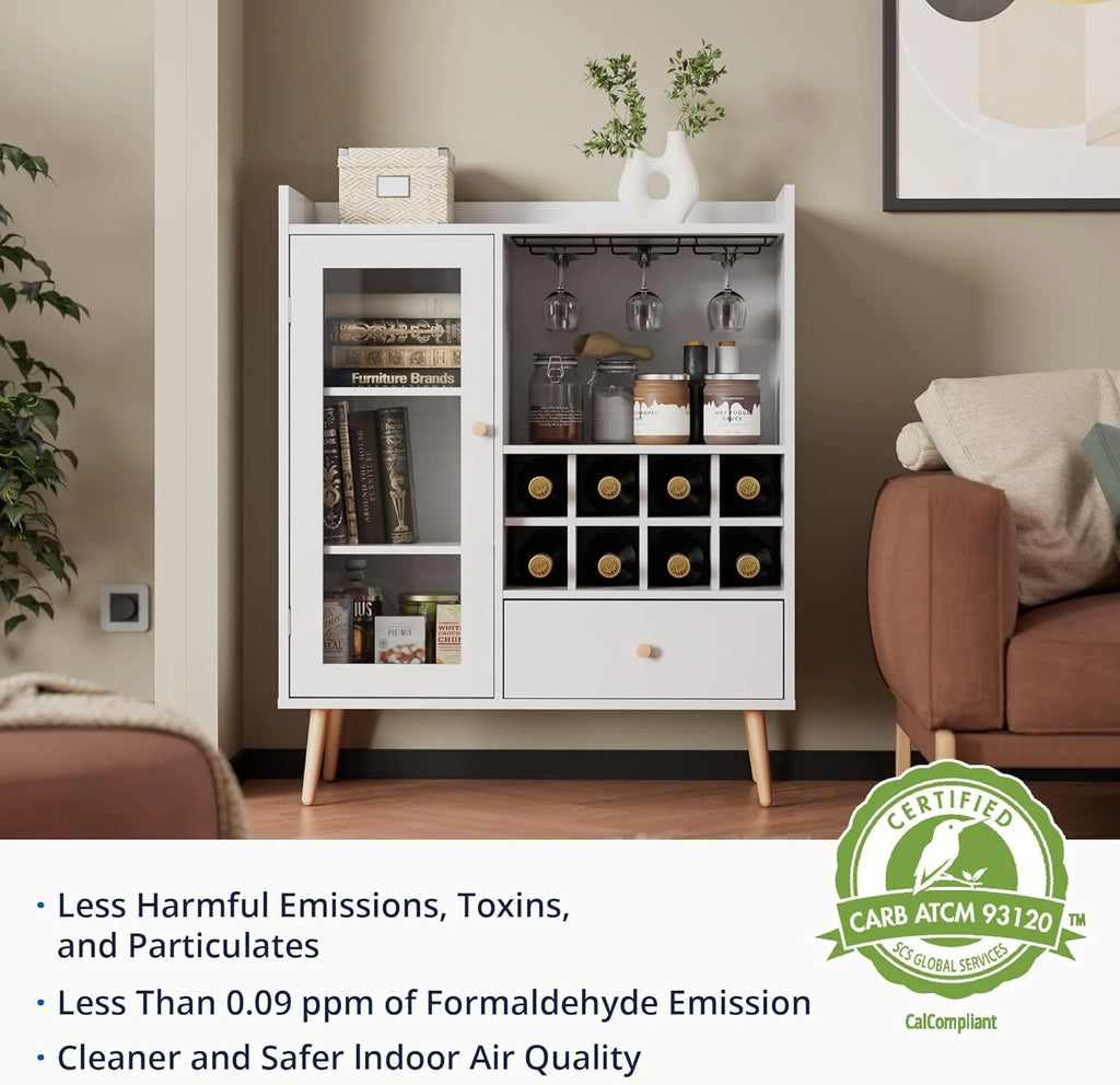 White Coffee Bar Cabinet with Storage, Mid-Century Modern Buffet Sideboard with Removable Wine Rack, Acrylic Door P7292