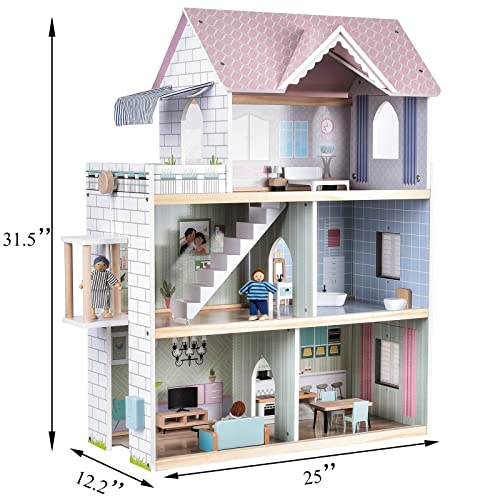 Large Pink Wooden Dollhouse with 15 Pcs Furniture & 3 Dolls H920