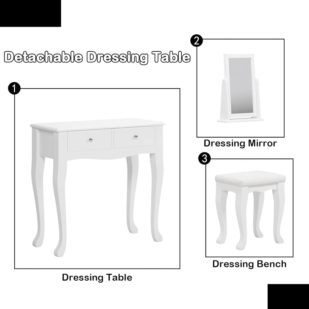 White Wooden Vanity Dressing Table with Mirror and Stool, 2 Drawers Y7946