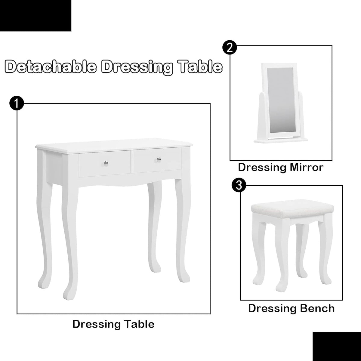 White Wooden Vanity Dressing Table with Mirror and Stool, 2 Drawers Y7946