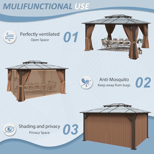 12'x14' Hardtop Gazebo with Curtains and Netting Y67092