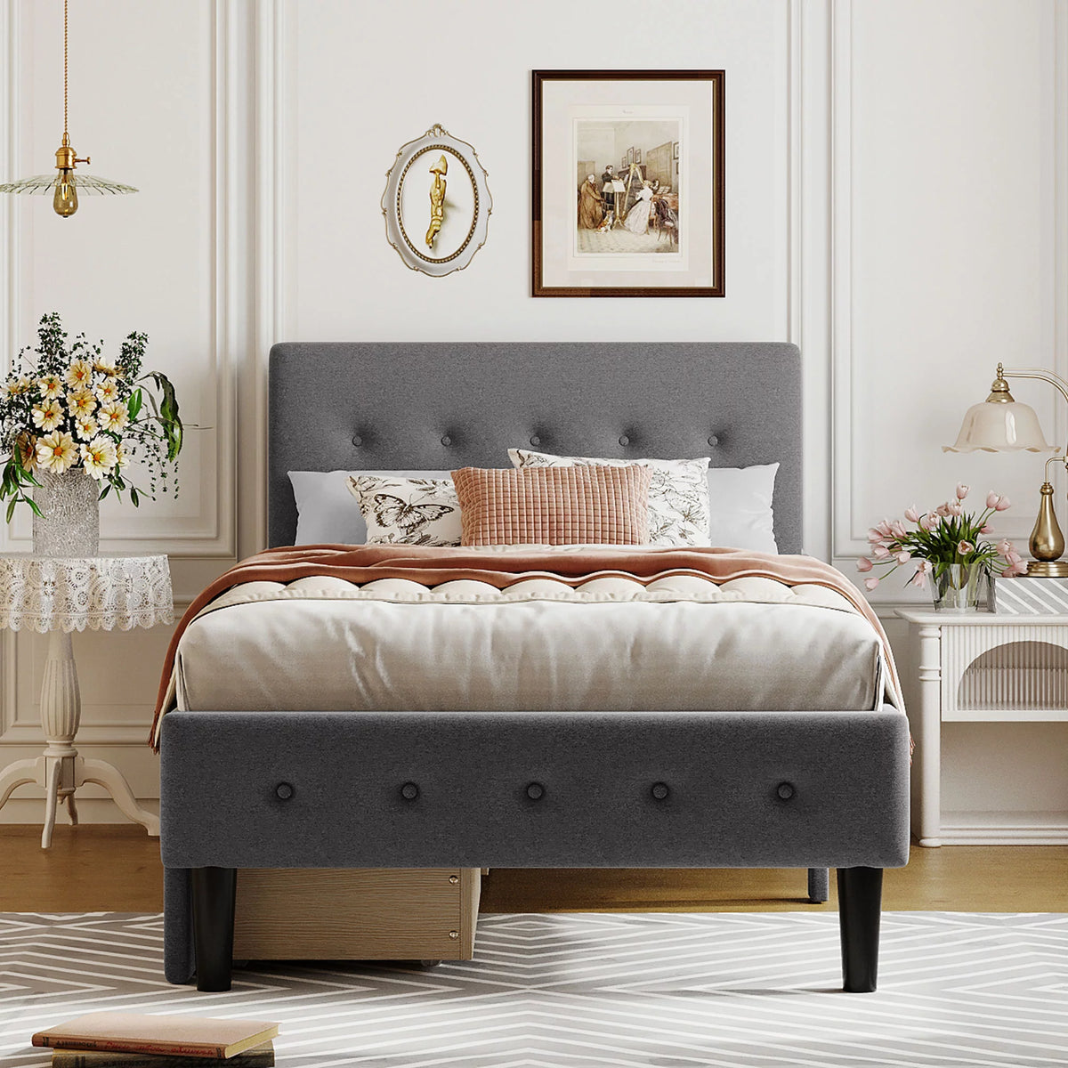 Twin Size Upholstered Platform Bed with 2 Storage Drawers O8852
