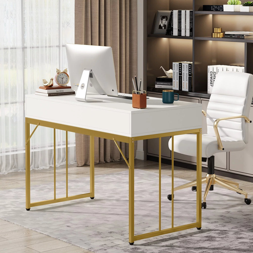 White and Gold Computer Writing Desk with 2 Drawers H636095