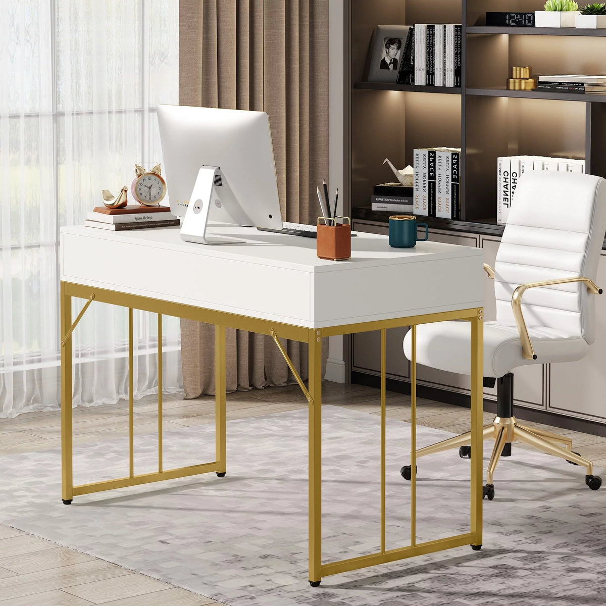 White and Gold Computer Writing Desk with 2 Drawers H636095