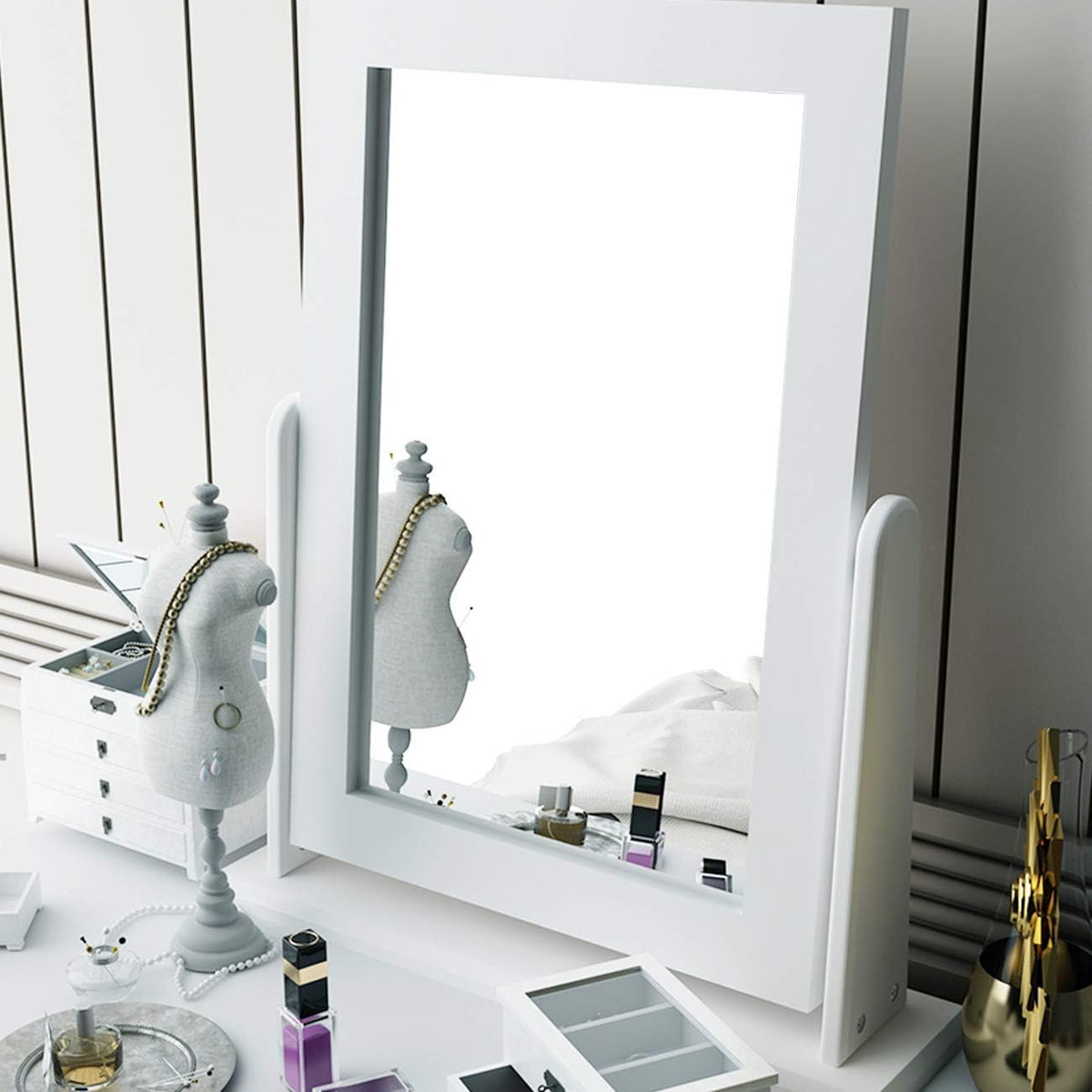 White Wooden Vanity Dressing Table with Mirror and Stool, 2 Drawers Y7946
