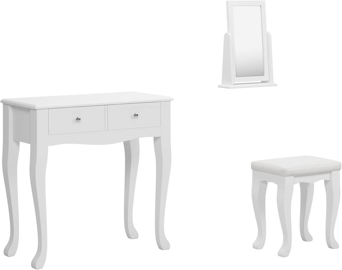 White Wooden Vanity Dressing Table with Mirror and Stool, 2 Drawers Y7946