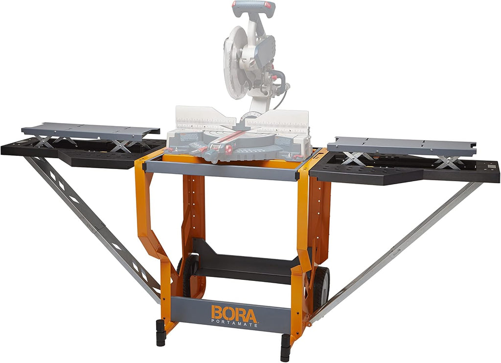 Miter Saw Workstation and Adjustable Pedestal Roller, Mobile Rolling Workbench with Additional Outfeed Support Pedestal Roller B642981