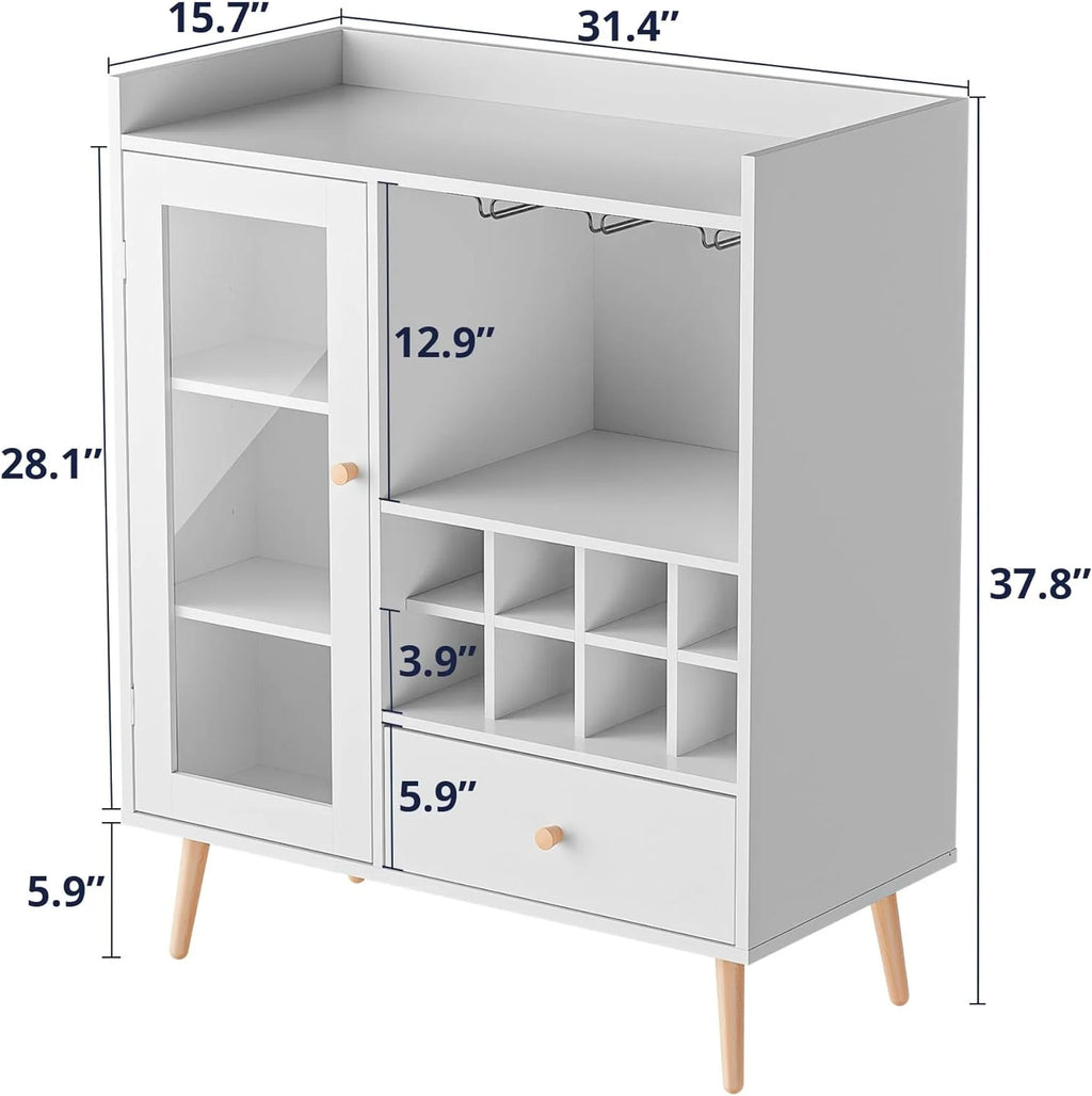 White Coffee Bar Cabinet with Storage, Mid-Century Modern Buffet Sideboard with Removable Wine Rack, Acrylic Door P7292