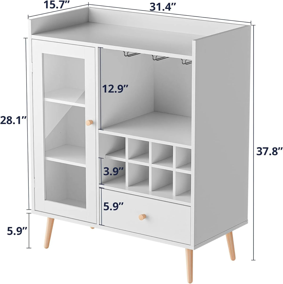 White Coffee Bar Cabinet with Storage, Mid-Century Modern Buffet Sideboard with Removable Wine Rack, Acrylic Door P7292