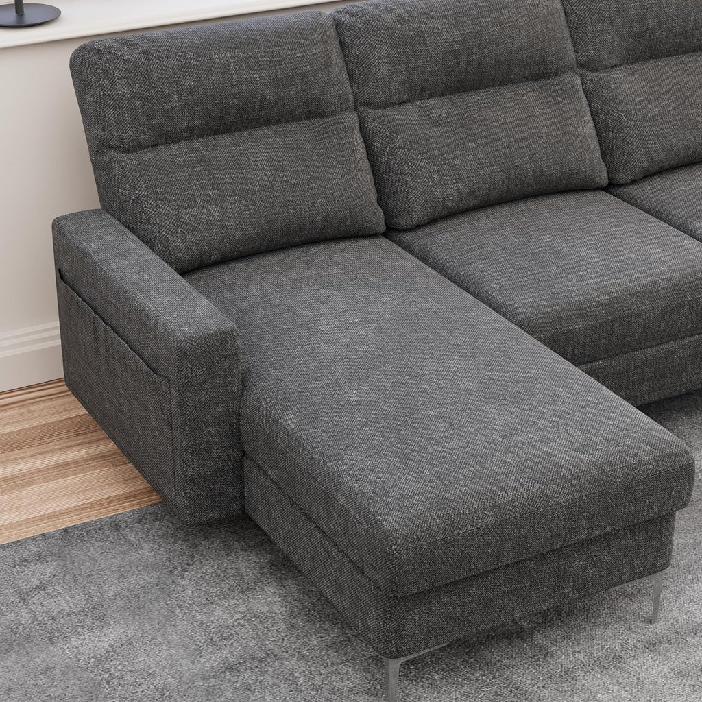 Modular U Shaped Fabric Sectional Sofa with Ottoman, 4 Seater, Metal Legs, Dark Grey E840