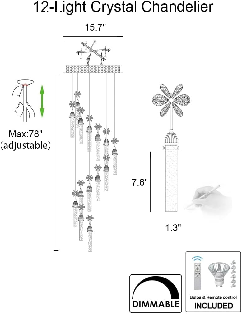12-Lights Raindrop Spiral Crystal Chandelier with Remote Control Dimmable LED Z82335