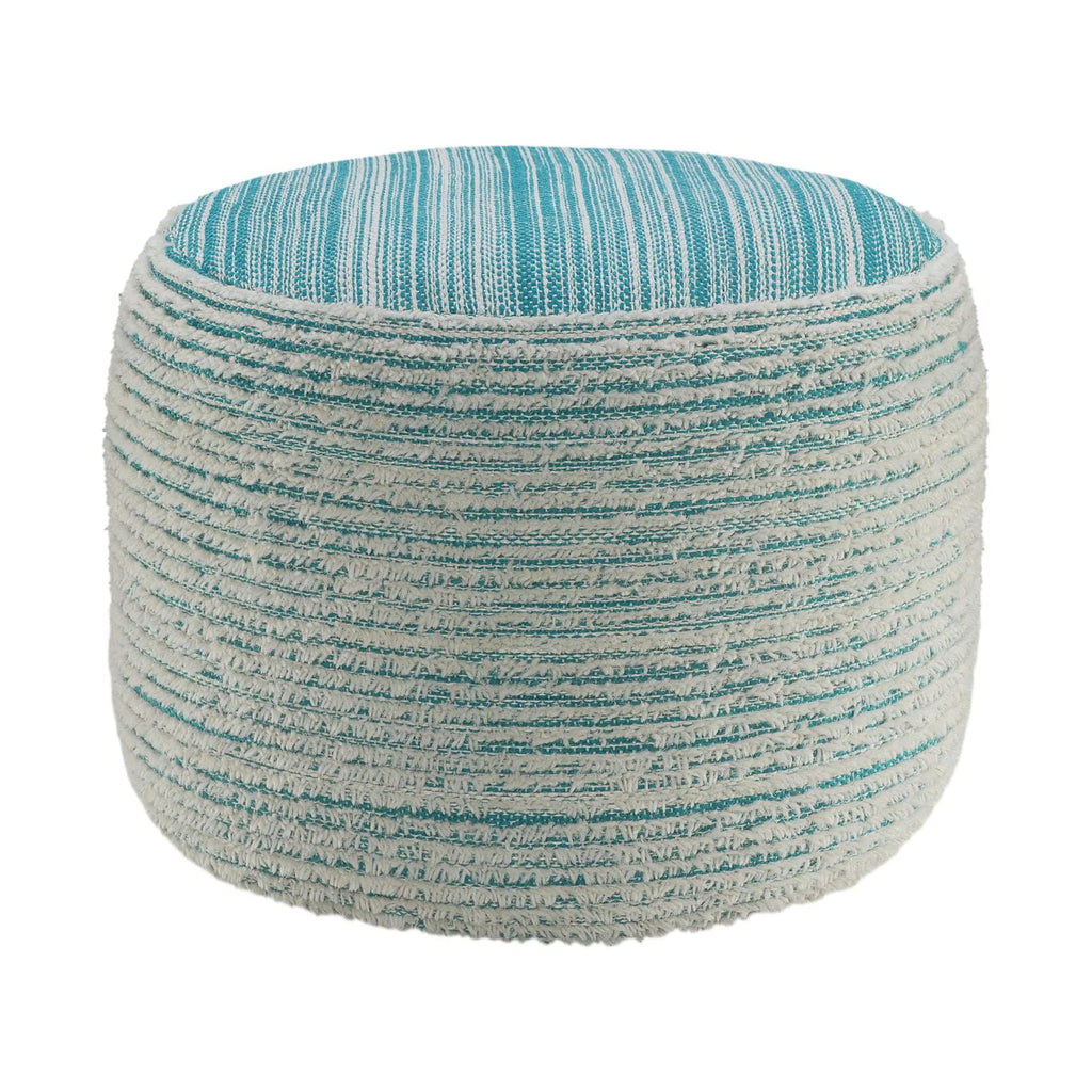 Aqua Blue and White Distressed Round Pouf Ottoman D812781