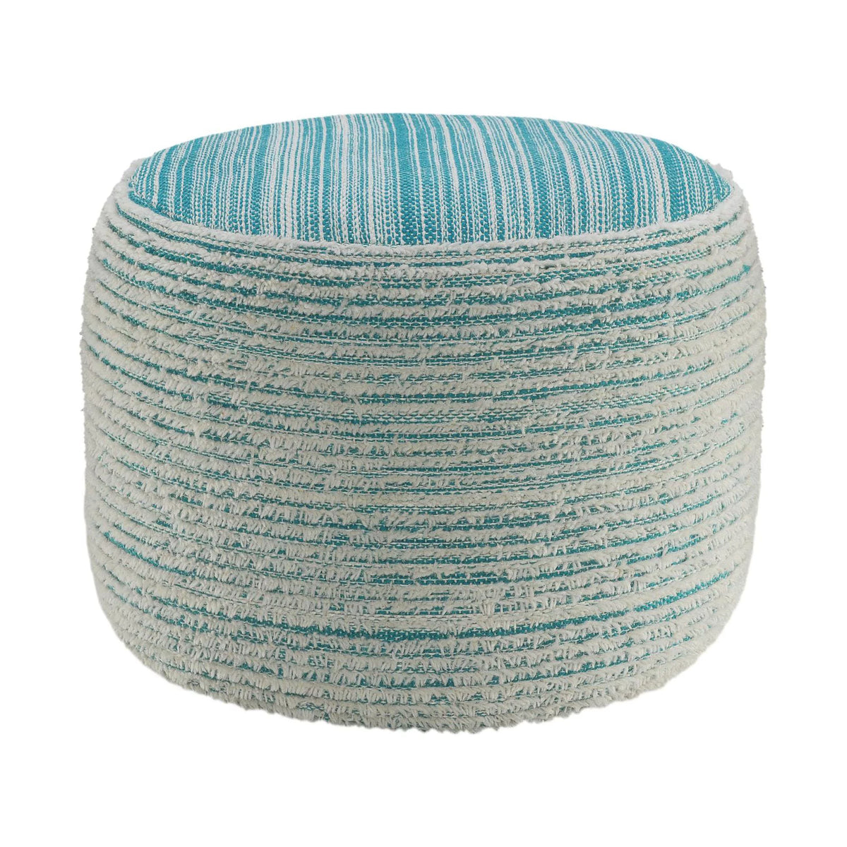 Aqua Blue and White Distressed Round Pouf Ottoman D812781