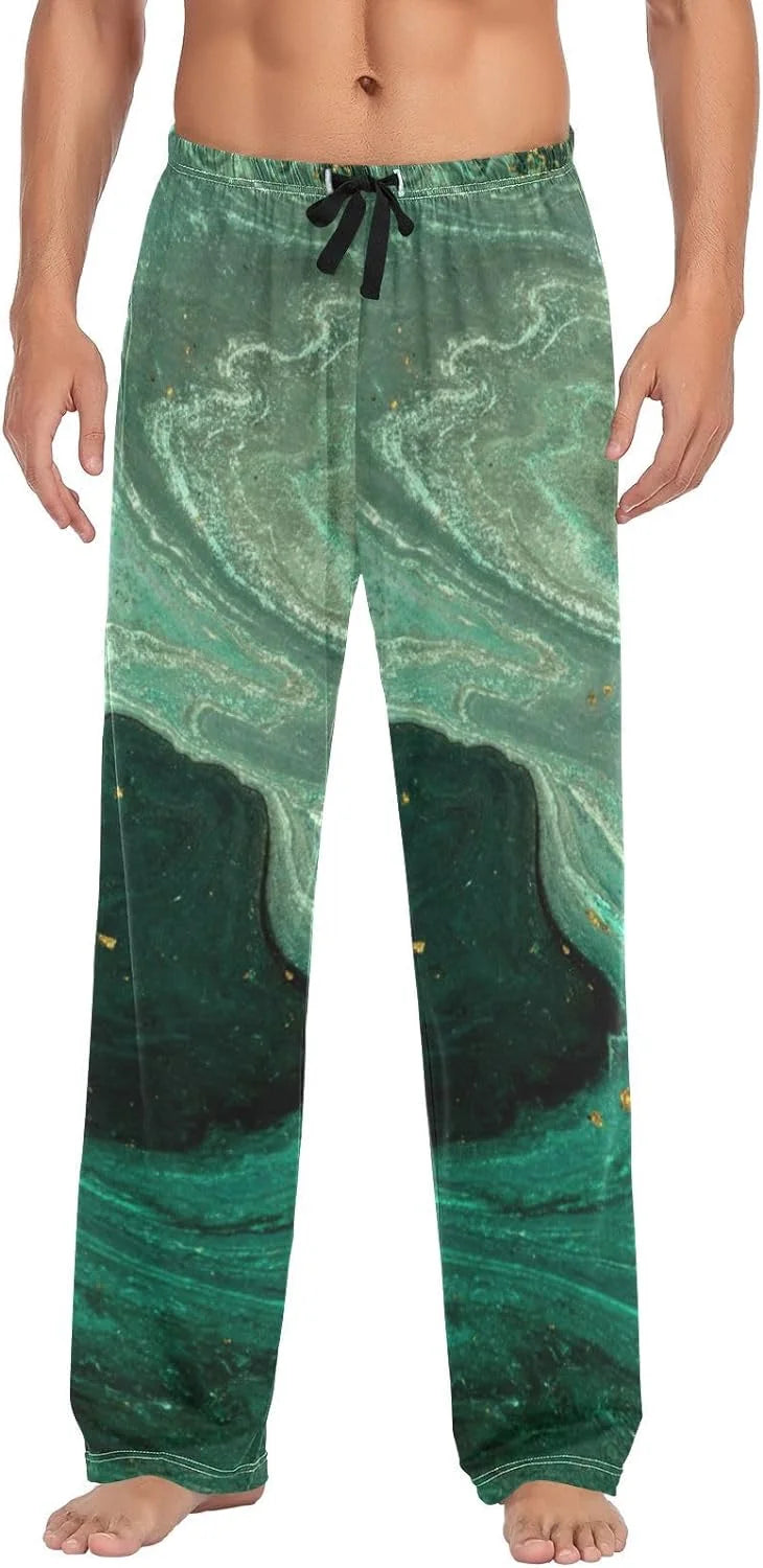 Teal Green Gold Marble Cotton Pajama Pants Y424556