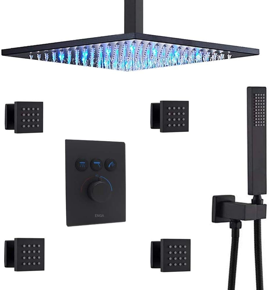 Matte Black Thermostatic Brass Shower Faucet Combo Set U34626