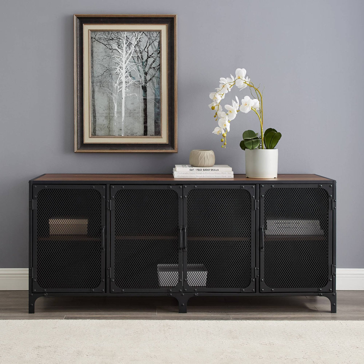 4 Door Metal Mesh TV Stand Dark Walnut S4941