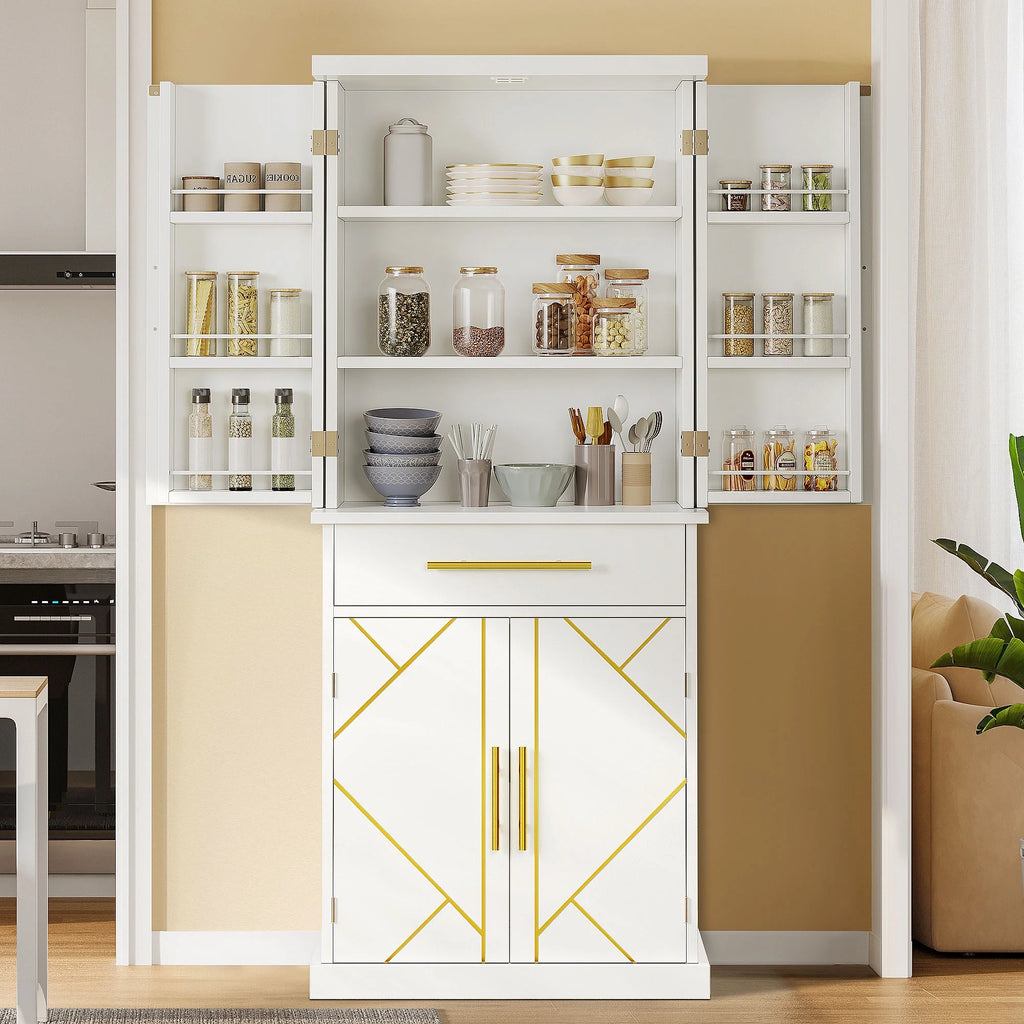 White 4 Door Freestanding Kitchen Pantry Storage Cabinet with Drawer and Adjustable Shelf V972438