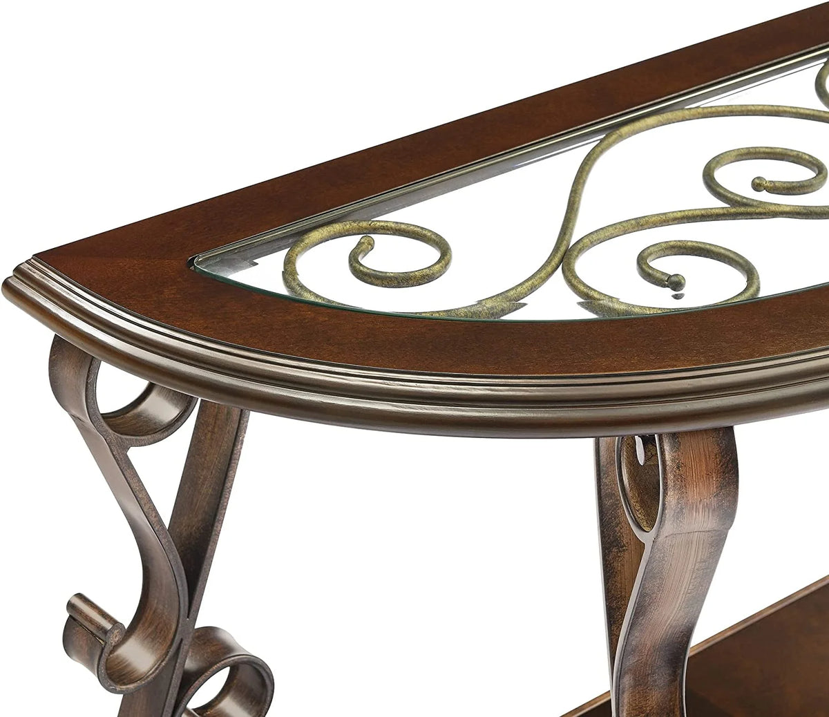 Half Sofa Table with Beveled Glass Top and Scrollwork Metal Legs E139